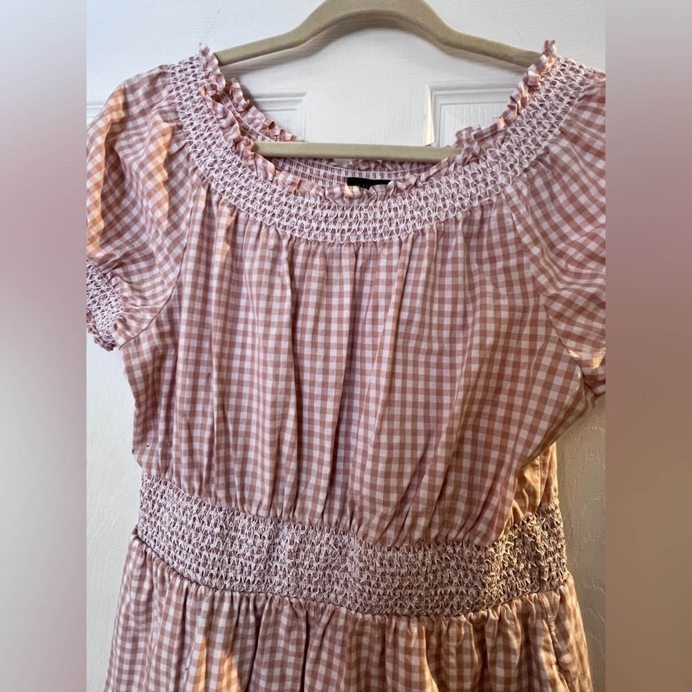 J.Crew‎ Gingham, Puffed Sleeve Cream and Tan Poplin Dress, Small - Picture 6 of 11